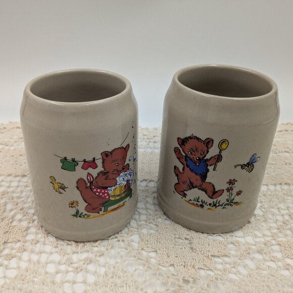 Pair of Adorable Stoneware Mugs / Steins Adorned with Vintage Style Bears - Picture 1 of 8